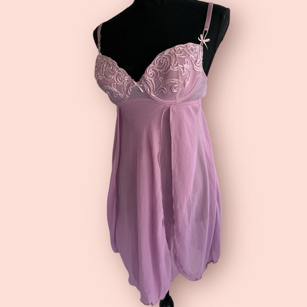 Vtg Fairycore Slip Dress Purple Delicates Coquette Sheer Medium Bow Lingerie